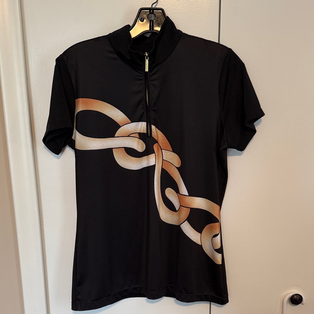 Black Short Sleeve Zip-Up Top with Gold Chain Print